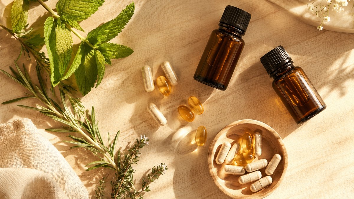 Suplimente și plante aromatice pe o masă luminoasă