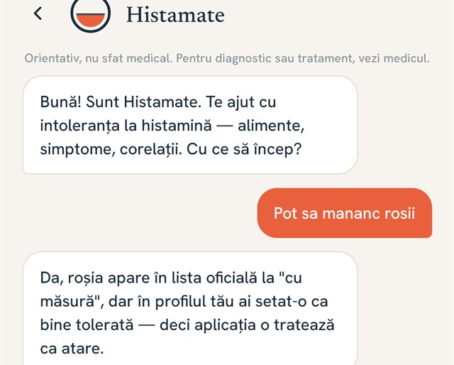 Ecranul asistentului Histamate, cu nota Orientativ, nu sfat medical