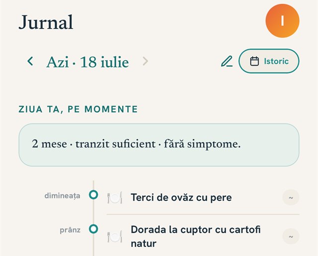 Ecranul de jurnal din MyHistamate: ziua pe momente, cu mese, tranzit, somn și stres