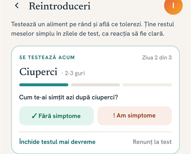 Ecranul de reintroduceri din MyHistamate: un aliment în test, ziua 2 din 3