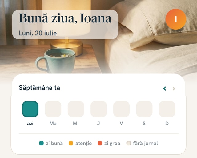 Ecranul de start MyHistamate: salutul zilei și cardul Săptămâna ta