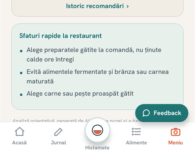 Ecranul Meniu din MyHistamate: istoricul recomandărilor și sfaturile rapide la restaurant